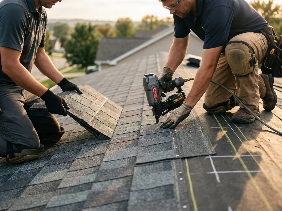 Professional roofer working on a residential roof in Mount Rainier